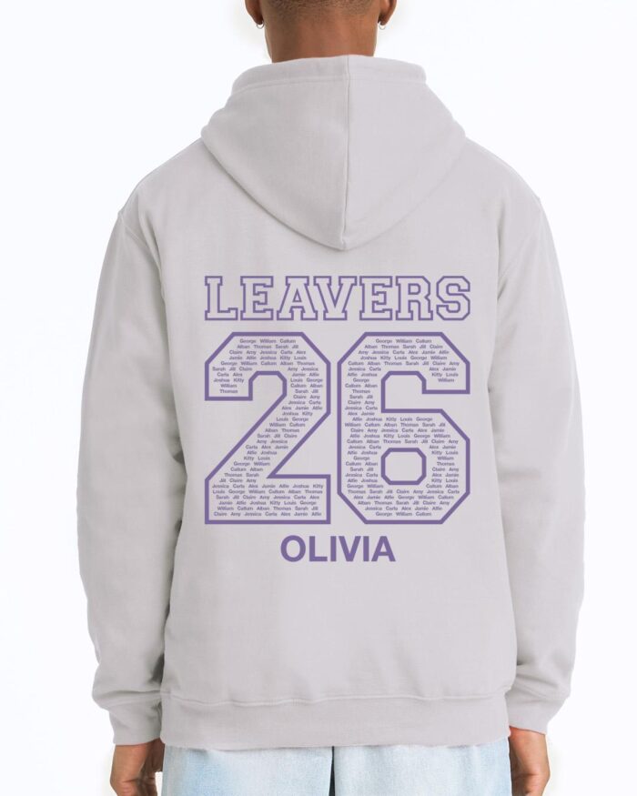 back of white leavers hoodie with purple print design