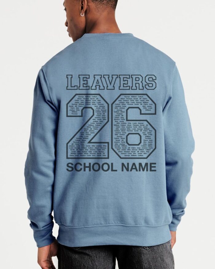 back of a dusty blue sweatshirt with leavers 2026 design
